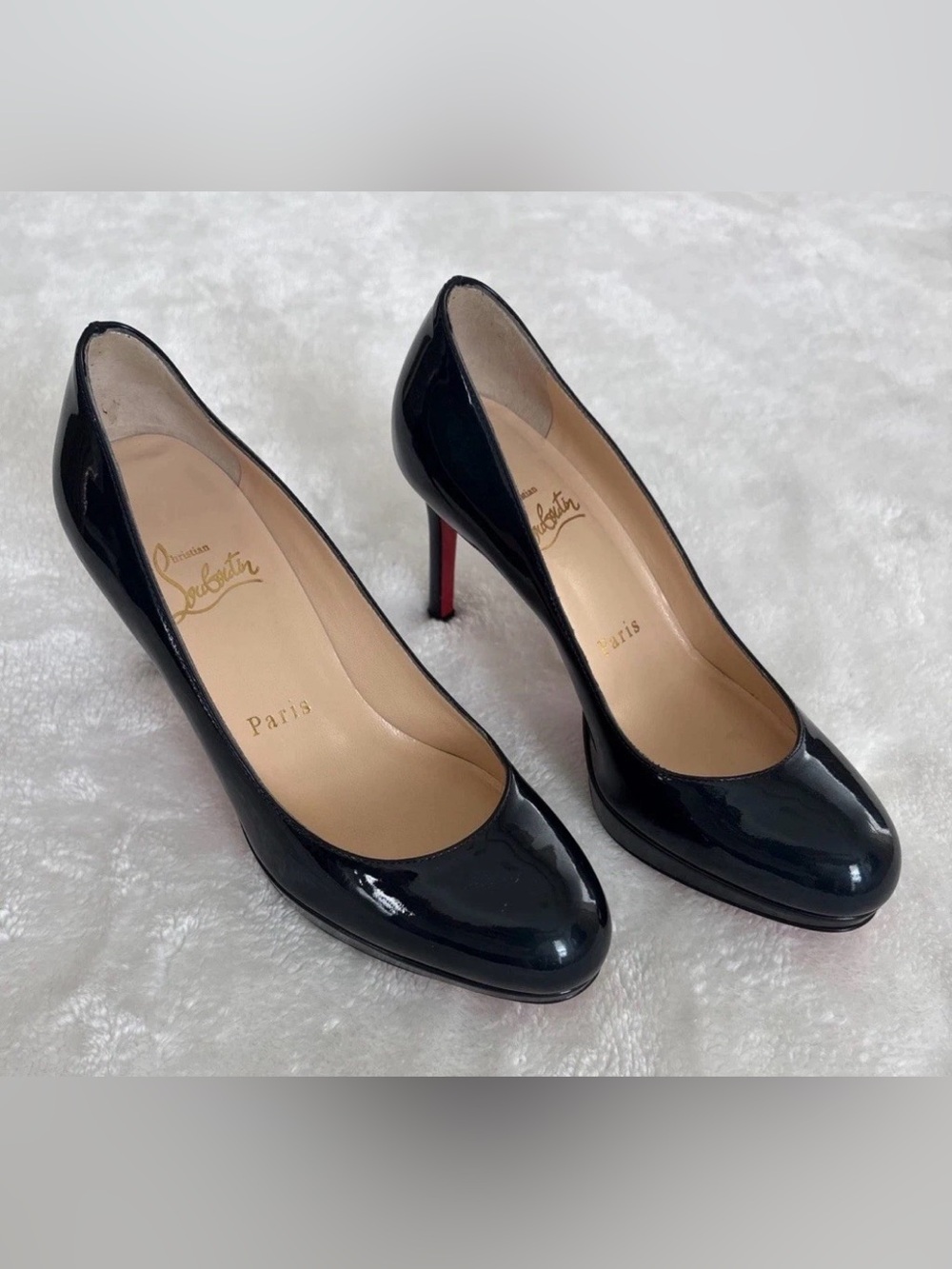 Christian Louboutin Black Patent Leather Round-Toe Pumps
